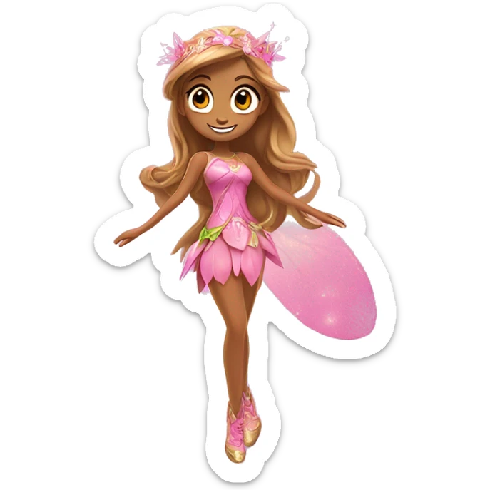 Flora the adult latina fairy of nature in her enchantix fairy pink clothing and fairy enchantix wings and long light brown hair from winx club. Lots of sparkles and fairydust   sticker