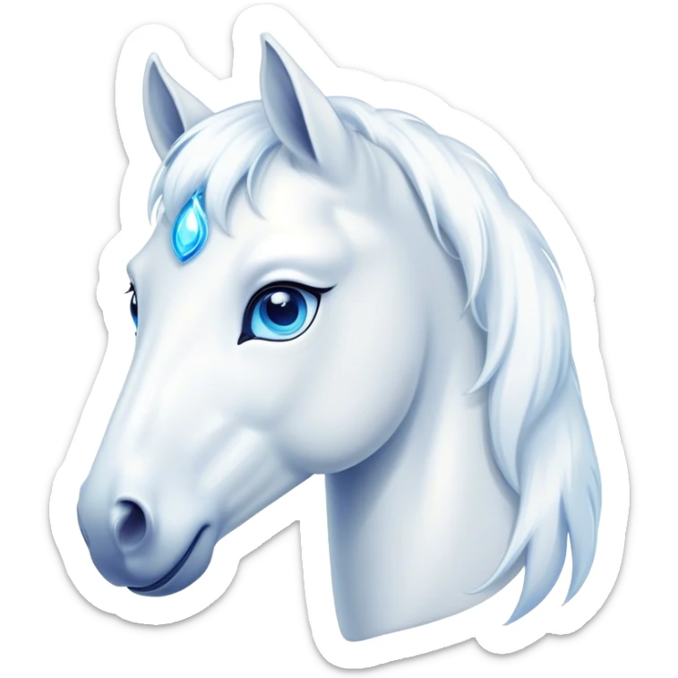 Cinematic Cute White Horse Portrait Emoji, Head tilted playfully and inquisitively, showcasing a glossy white fur with a luminous sheen and gentle, expressive blue eyes, Simplified yet irresistibly adorable features, highly detailed, glowing with a warm, friendly glow, high shine, affectionate and spirited, stylized with a touch of whimsy, bright and endearing, soft glowing outline, capturing the essence of a mischievous yet loving horse, so playful it feels like it could prance out of the screen and into your arms! sticker