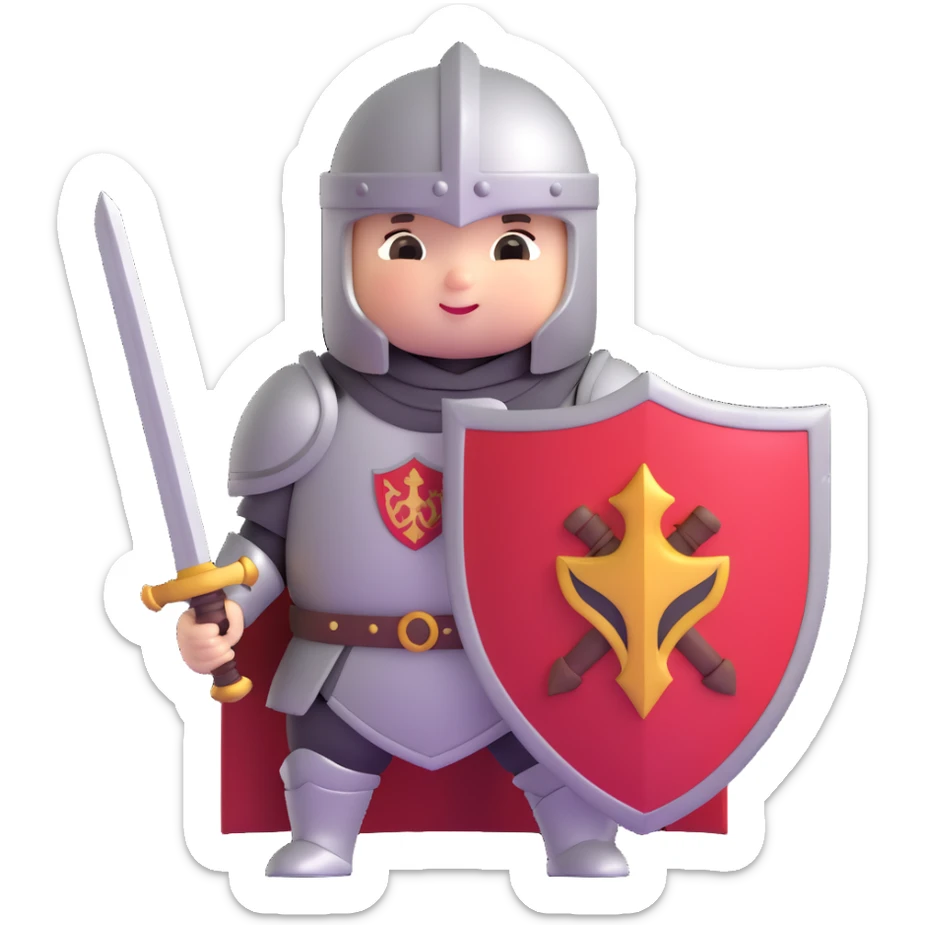 3D emoji style adorable chubby baby knight holding a sword and shield sticker