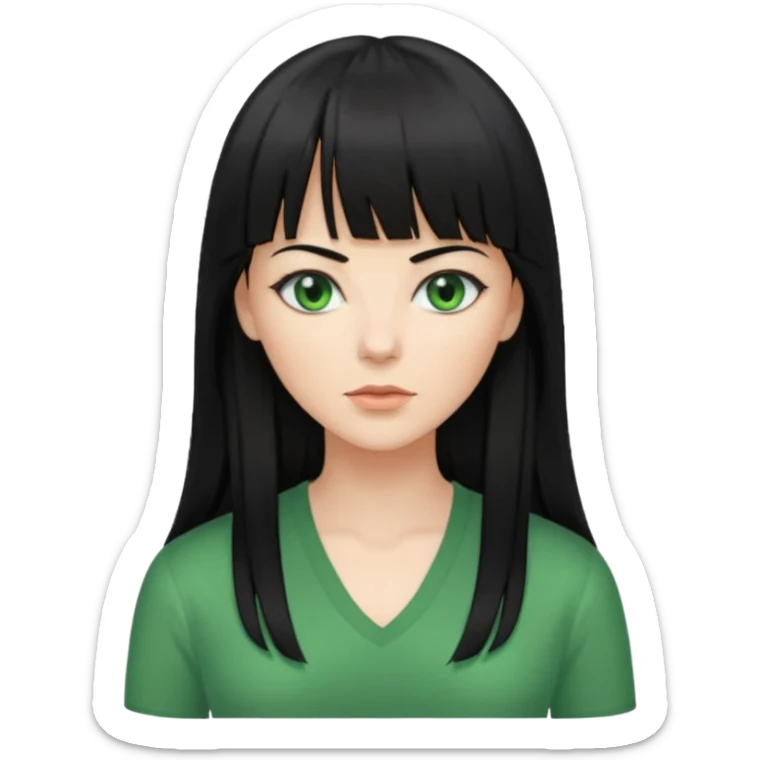A white woman with Long straight hair with bangs, black hair, green eyes and a low-cut shirt sticker