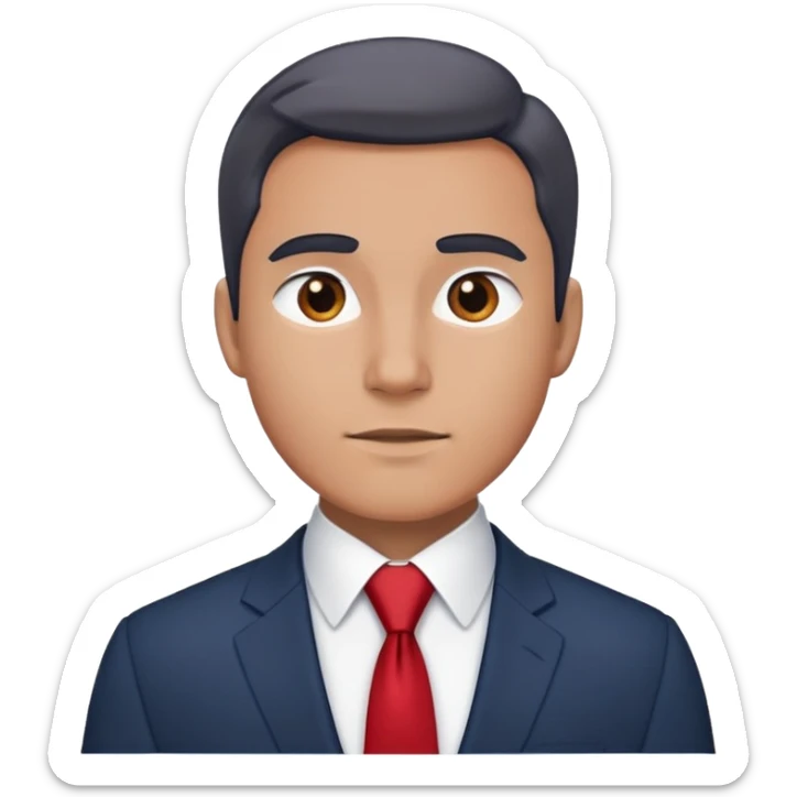 man wearing a dark blue-gray business suit with a white shirt and a red tie sticker