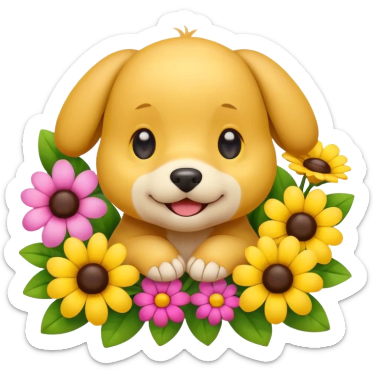 Cute smile face emoji with puppy dog eyes holding its cheeks and a bunch of flowers around it sticker