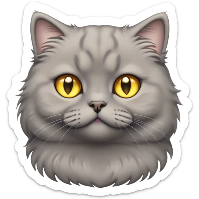 Cinematic Adorable Fluffy Grey Scottish Fold Cat Portrait Emoji, Adorable folded ears perched atop its soft, round head, head tilted cutely with big, sparkling yellow eyes, soft grey fur with darker points on the ears, face, and paws, Simplified yet irresistibly adorable features, highly detailed, glowing with a soft, warm glow, high shine, affectionate and playful, stylized with a touch of whimsy, bright and endearing, soft glowing outline, capturing the essence of a curious and loving kitten with the signature charm of a Scottish Fold's unique folded ears, so cute it feels like it could leap out of the screen and snuggle up for a cuddle! sticker