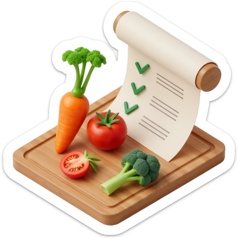 carrot tomato brocoli on the wooden cutting board with floating rolled paper list with green checkboxes sticker