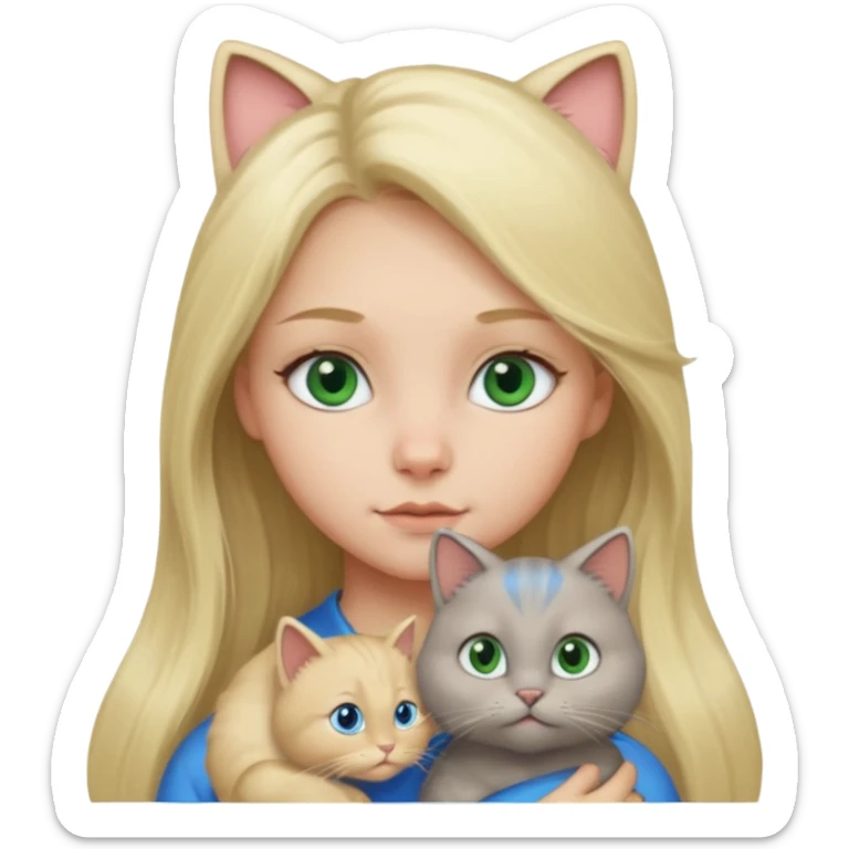 blonde girl with long blonde hair and blue eyes with chubby gray cat with big green eyes sticker