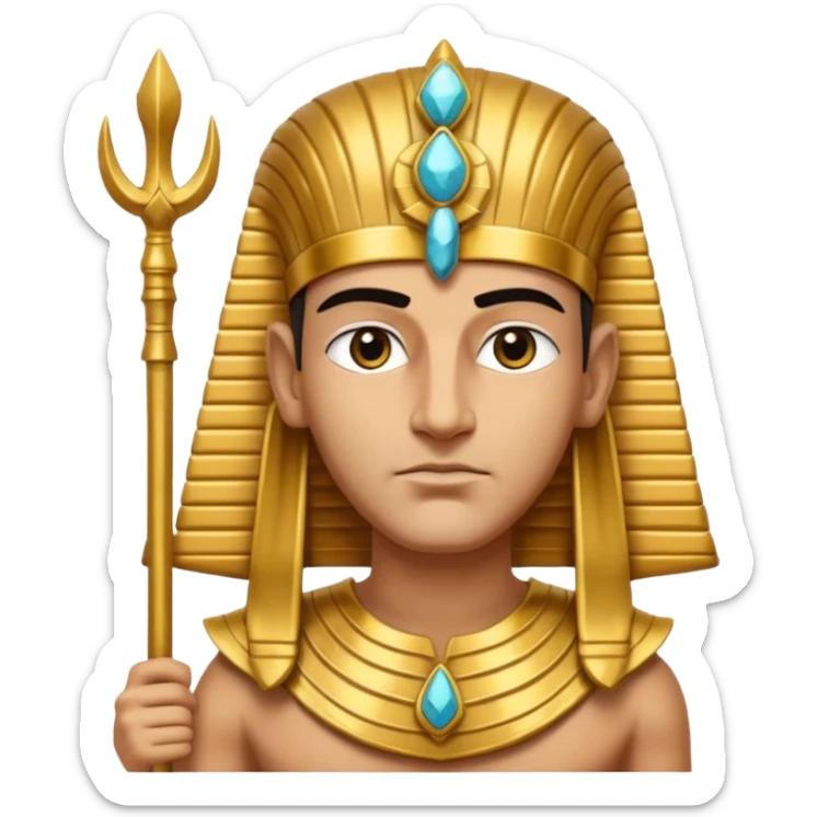 A regal pharaoh with golden headdress, calm stern eyes, and holding a crook and flail with authority.
 sticker