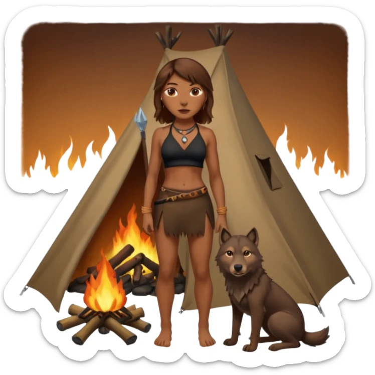a NEANDERTHAL WOMAN WITH BROWN HAIR STANDING BY A FIRE AND TENT WITH BLACK WOLF HALTER TOP sticker