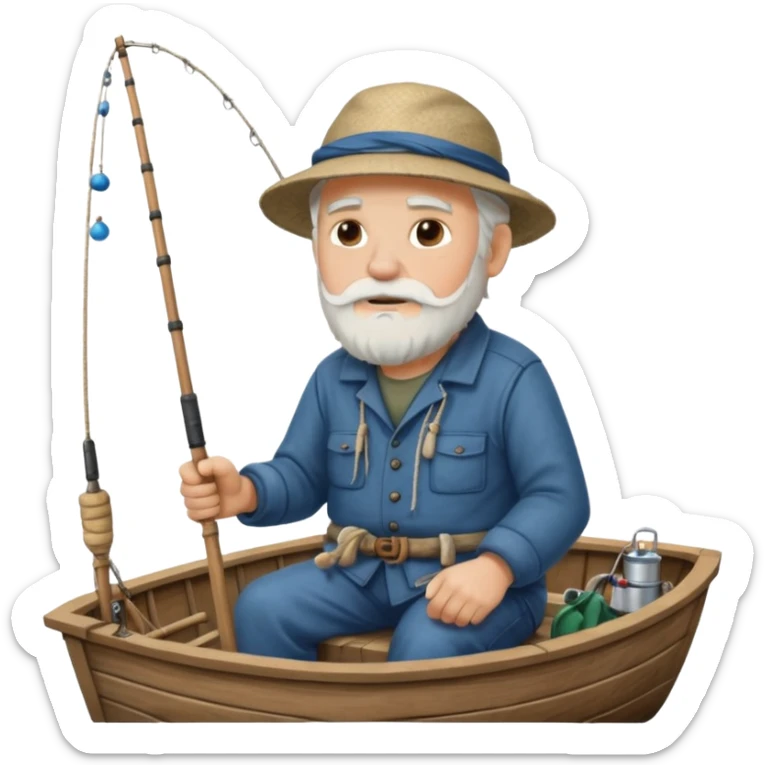 an old white haired, bearded man in fisherman attire, sat in a big boat on the ocean, holding one fishing rod in one hand, with the end of the fishing line touching the water sticker