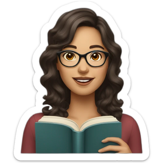 young woman with glasses and medium length wavybrunette hair halding a book sticker