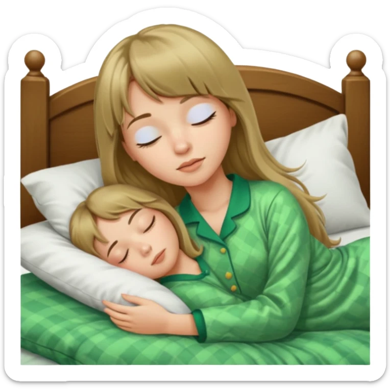 Young woman with long dark blond hair and a bang sleeping in bed  with green pyjama sticker