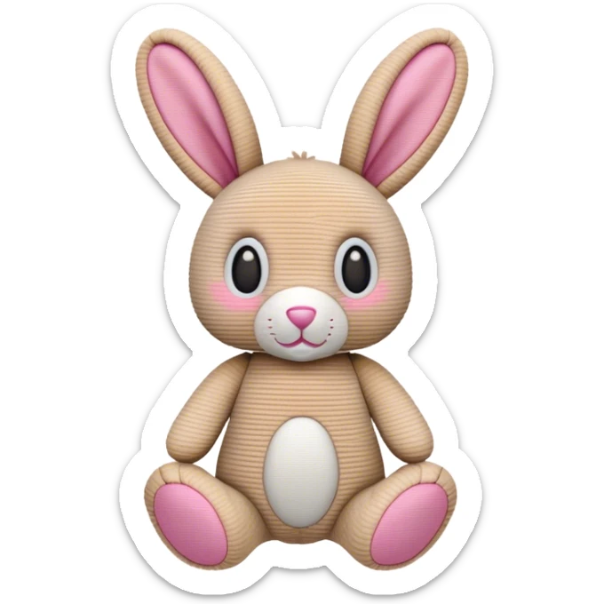 A corduroy bunny rabbit toy in a beige/brown colour,it’s left ear is half missing but the fabric has been sown up ands it’s left eye has gone it has a pink triangle nose and the inside of its slightly floppy ears is pink as well  sticker
