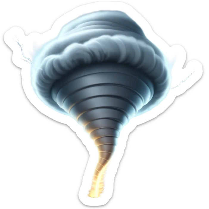 Cinematic Realistic Tornado Emoji, Spiraling fiercely, with dark swirling clouds that twist and stretch downward in a funnel shape. The winds whip up debris as the tornado roars across the landscape, leaving a trail of awe and fear. Soft glowing outline, capturing the essence of wild force and unpredictable power in a mighty tornado! sticker