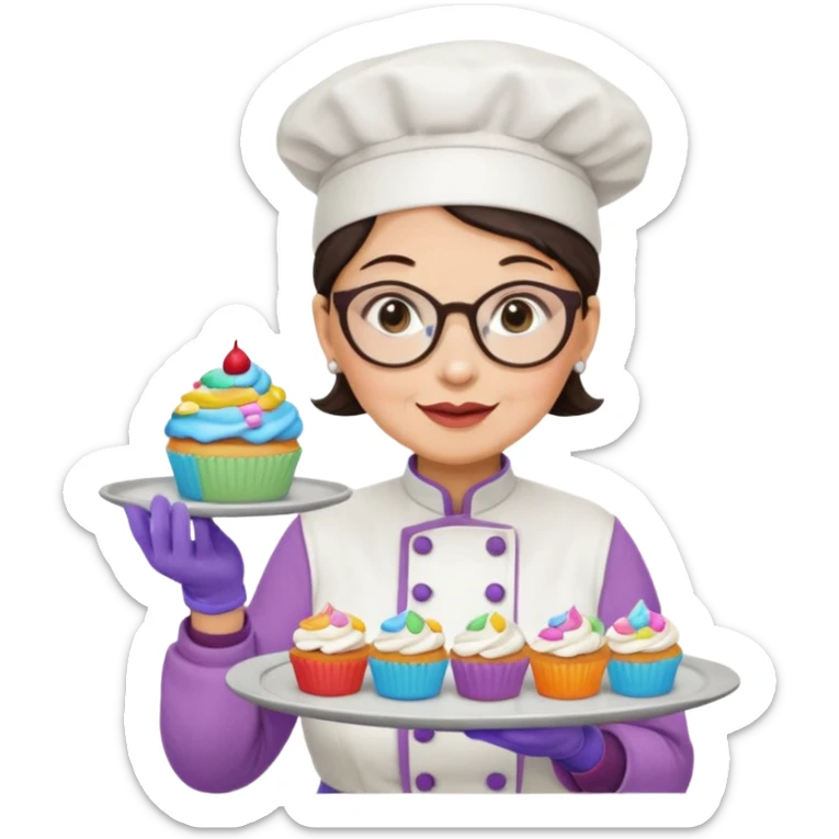 Older female pastry chef – round glasses, oven mitts on, holding a tray of cupcakes

 sticker