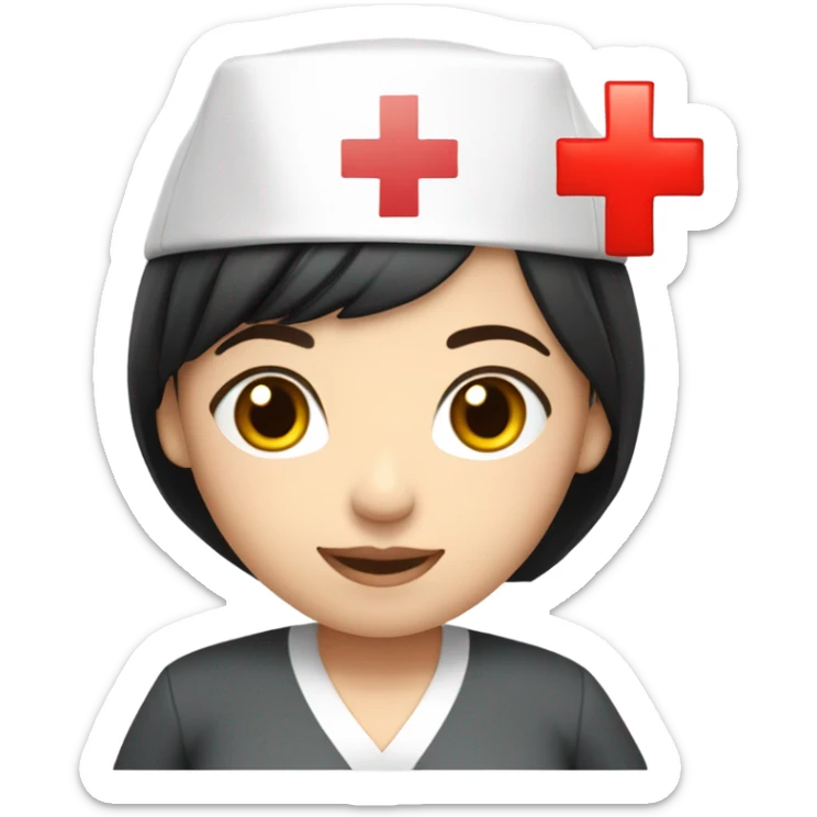 pixie cut black straight hair female nurse with red cross sign hat wearing dress
pale skin color sticker