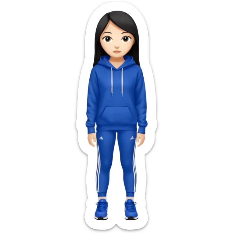 A pretty white/asian tanned girl with medium long strait dark brown almost black hair wearing a royal blue hoodie and leggings with adidas sambad sticker