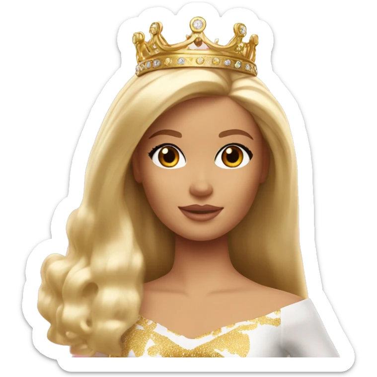 Blonde Barbie with bangs and long hair and hazel eyes wearing a gold crown sticker