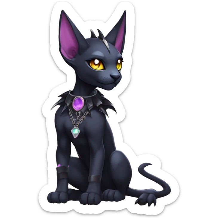 cool edgy evil pretty anthro godly legendary powerful colorful black shiny fantasy elegant nargacuga-bat-sphynx-Fakemon wearing a collar, techwear punk style, beautiful mane, full body sticker