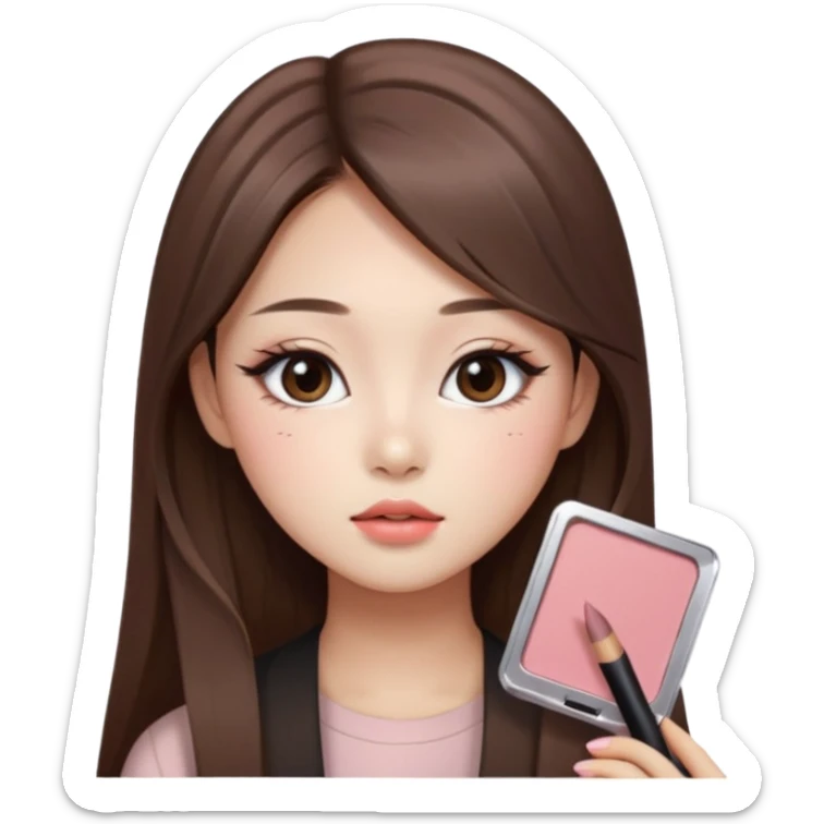 “korean straight long brown hair Emoji girl, soft eyeliner and blush, gradient lips, light brown shimmer eyeshadow sticker