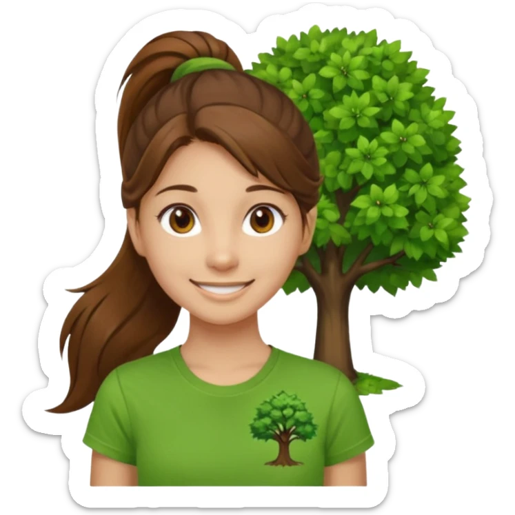 Make a zumba coach emoji, brown eyes, brown hair girl, long ponytail,green t shirt with a tree logo on It sticker