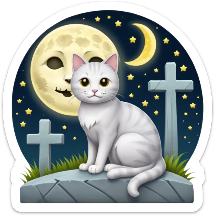 grau weiße Katze bei vollmond auf dem friedhof neben einem grabstein sticker