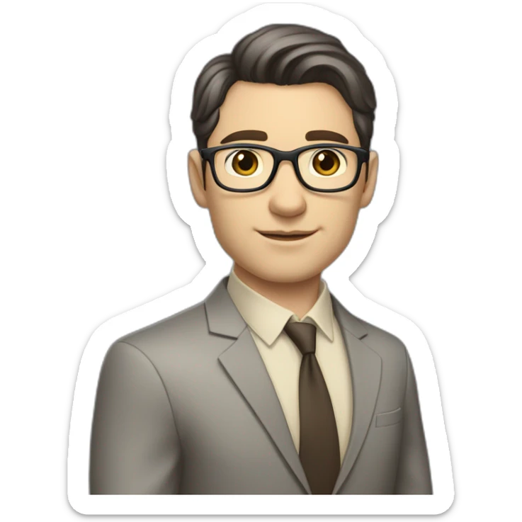 Full height Pale skinned Fit Man With dark brown hair in classic gray suit, beige office shirt, dark gray tie, and vintage glasses. His palms lock sticker