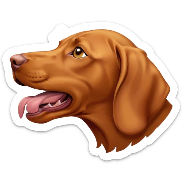 Cinematic Cute Yawning Vizsla Portrait Emoji, Head tilted slightly with a dramatic, wide-open yawn, showcasing a smooth rust and gold Fur with a subtle shimmer, floppy ears slightly drooping, round amber eyes barely open in drowsy contentment, Simplified yet irresistibly adorable features, highly detailed, glowing with a soft, cozy glow, high shine, relaxed yet expressive, stylized with a touch of whimsy, bright and endearing, soft glowing outline, capturing the essence of a sleepy yet affectionate companion, so drowsy it feels like it could stretch out of the screen and curl up for a nap! sticker