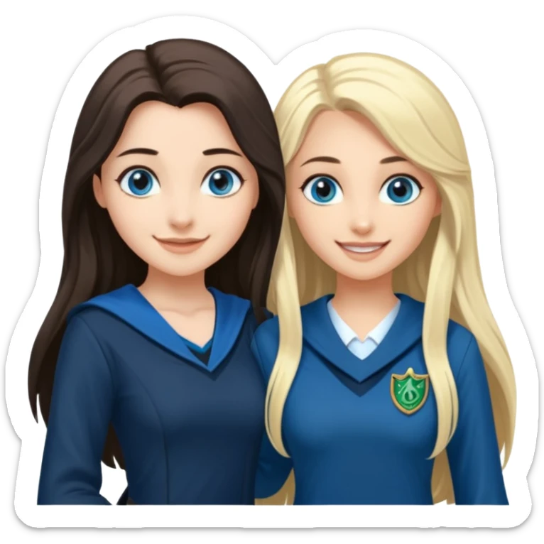 a pretty ravenclaw girl with long dark brown hair and blue eyes standing with a hot Slytherin girl with long blonde hair, blue eyes and big boobs  sticker