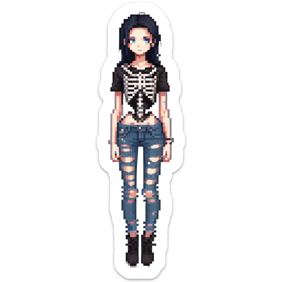 black-haired, blue-eyed person wearing a black skeleton top and ripped black jeans sticker
