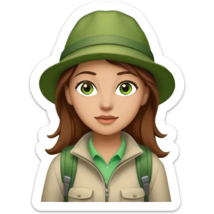 woman hiking in the woods in the sunshine. light face and green eyes. wearing a hat, brown hair sticker