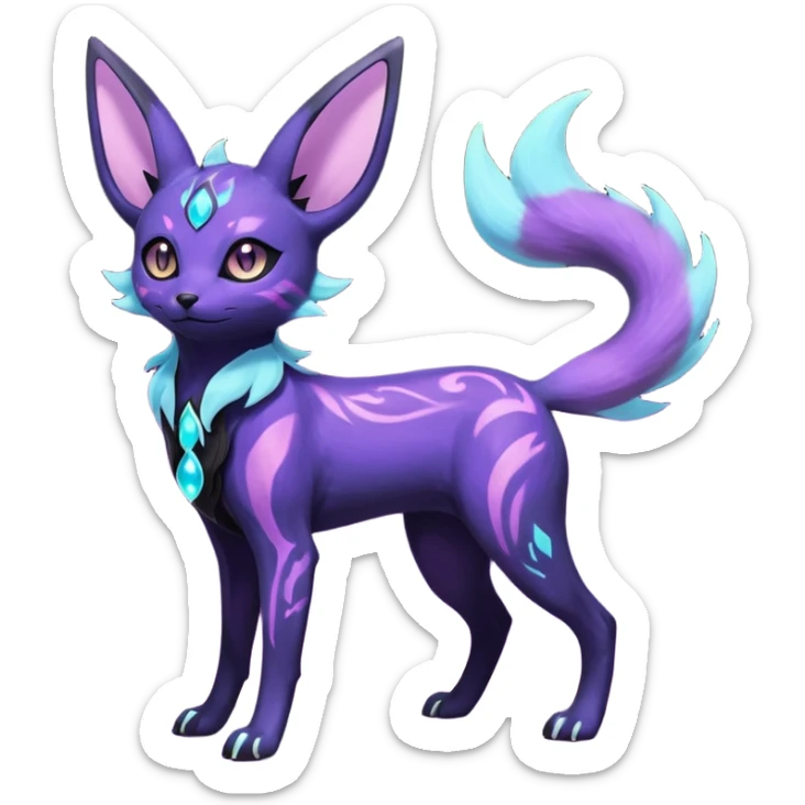 Rare realistic purple indigo violet nebulae shiny sparkly dark-neon glowing bioluminescent edgy badass epic pretty beautiful handsome gorgeous aesthetic colorful vibrant Vernid-Trico-Umbreon-Espeon-species-Fakemon-creature by LiLaiRa, 4 legs, 1 tail, random markings, (full body) sticker