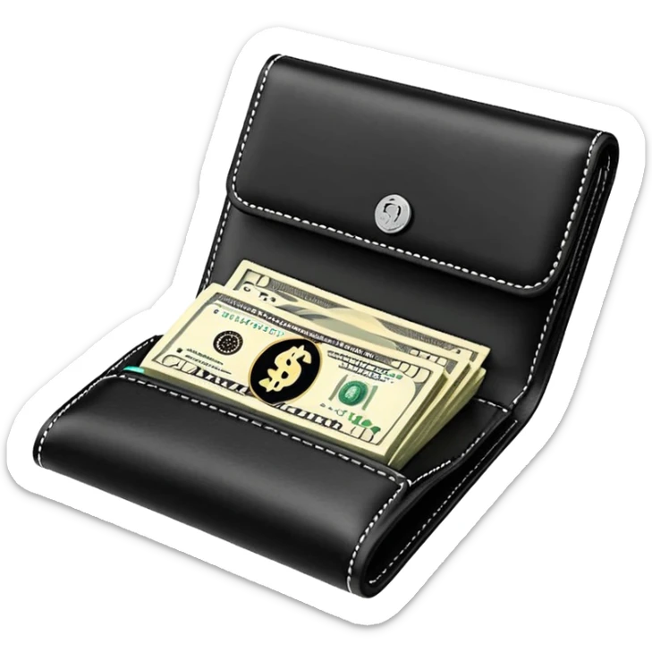 Rich emoji style black leather wallet with dollar bills, luxury money vibe, premium 3D emoji, ultra clean, high detail, no background
 sticker