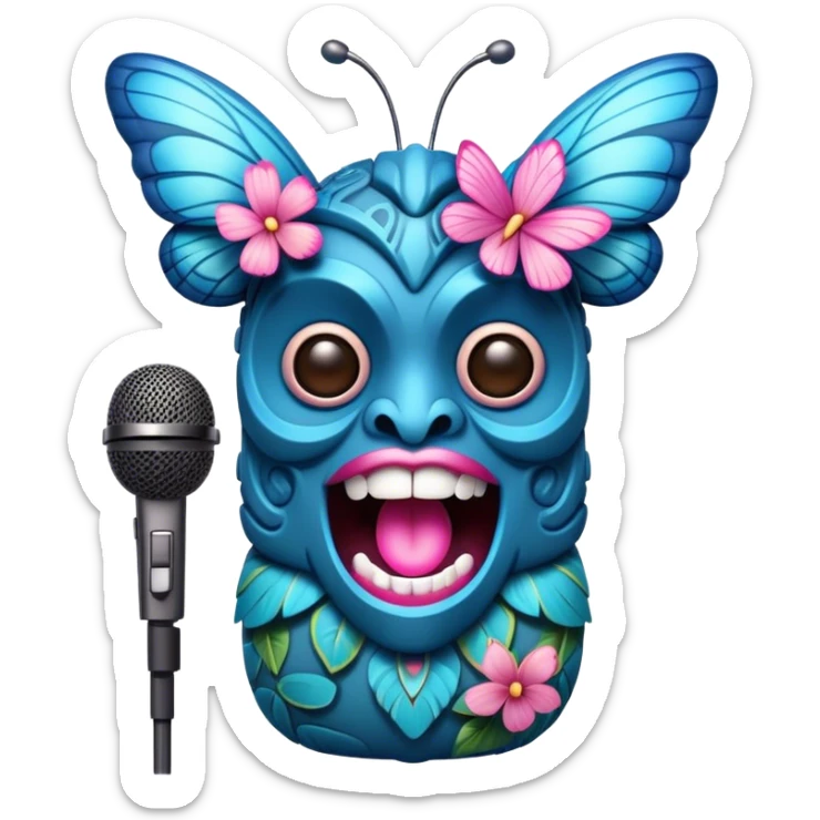Pixar style little Cartoon Blue and pink tiki singing with a butterfly and in the microphone, ultra detailed and lifelike imagery sticker