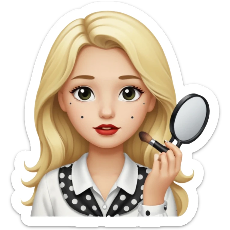 niña rubia con pelo largo y blusa blanca con lunares y maquillandose sticker