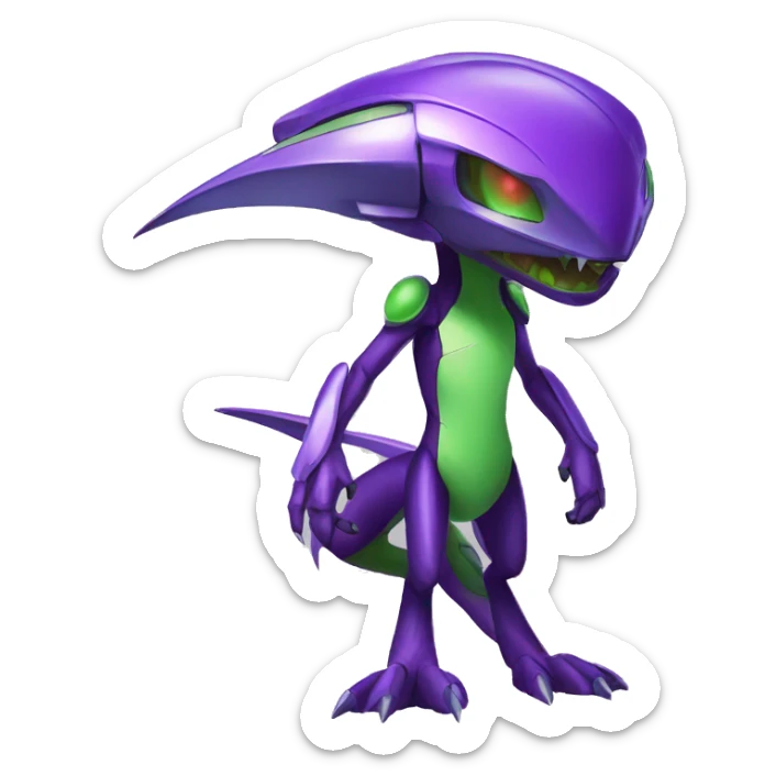 a shiny purple Genesect-Flygon-Raptor-Fakémon—hybrid with a futuristic visor-helmet full body sticker