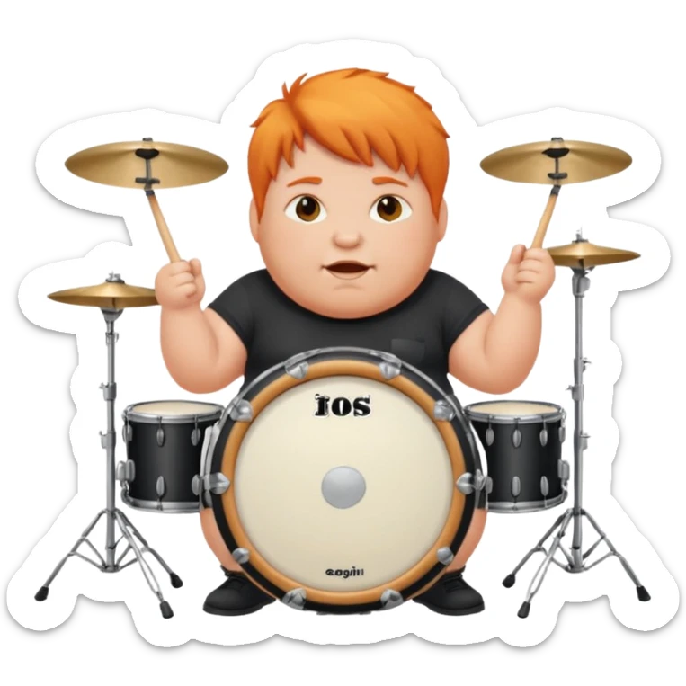 A chubby orange hair fan pounding a bass drum, cheeks puffing with energy. sticker
