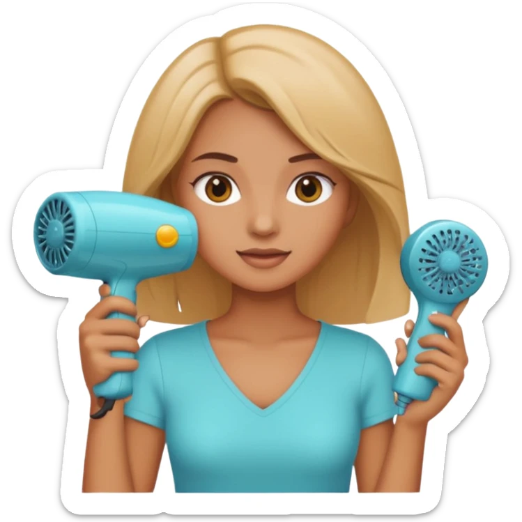 chica en la peluquería con secador de pelo en mano, fondo con productos de belleza, estilo emoji apple sticker
