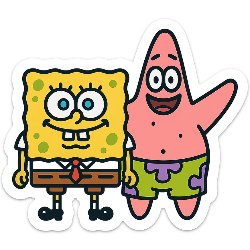 Spongebob and Patrick as color outline icons, black outlines with flat color fill, minimal detail, no text sticker