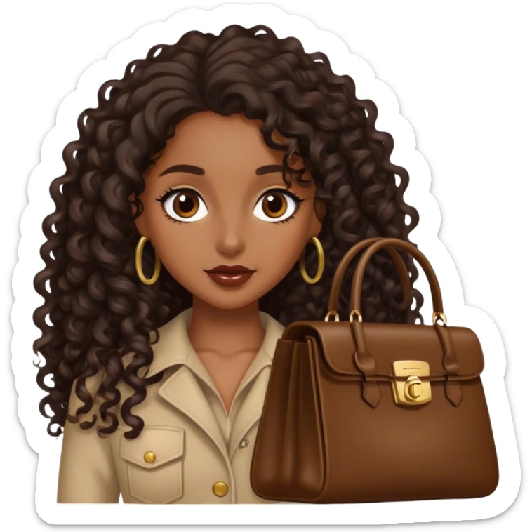 Rich dark brown girl with dark brown long curly hair expensive bags  sticker