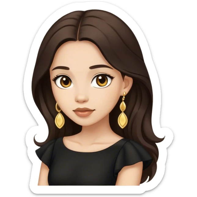 Beautiful woman,cute, long dark brown hair in dark dress with gold earrings sticker