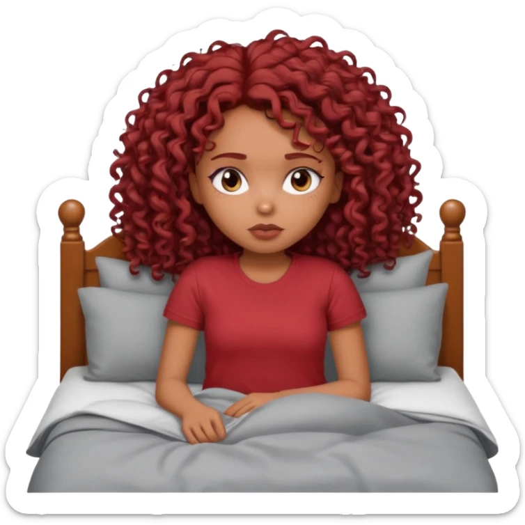 generate a pretty bratz brown skinned girl curly dark red hair, tired in bed in a grey tshirt bored. sticker