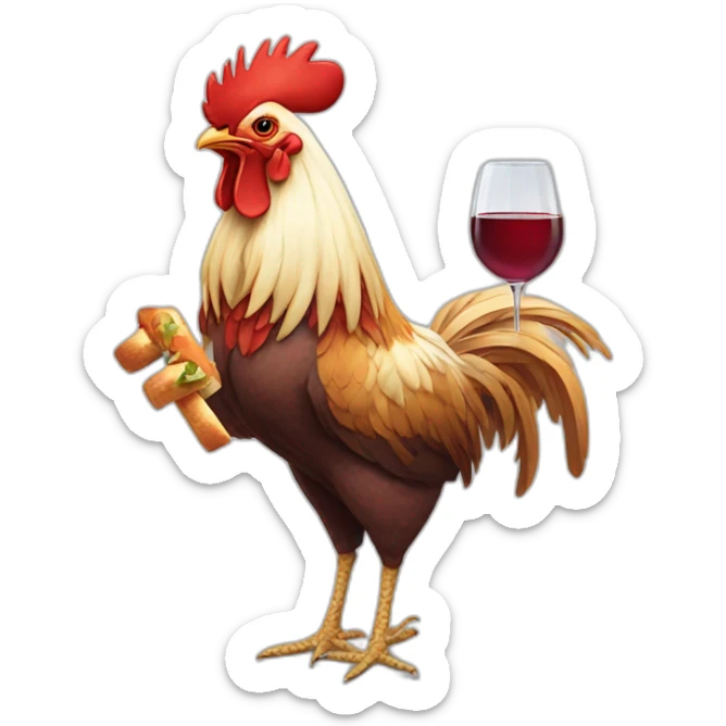 Rooster hanging a baguette under his wing and a glass of wine under the other wing sticker