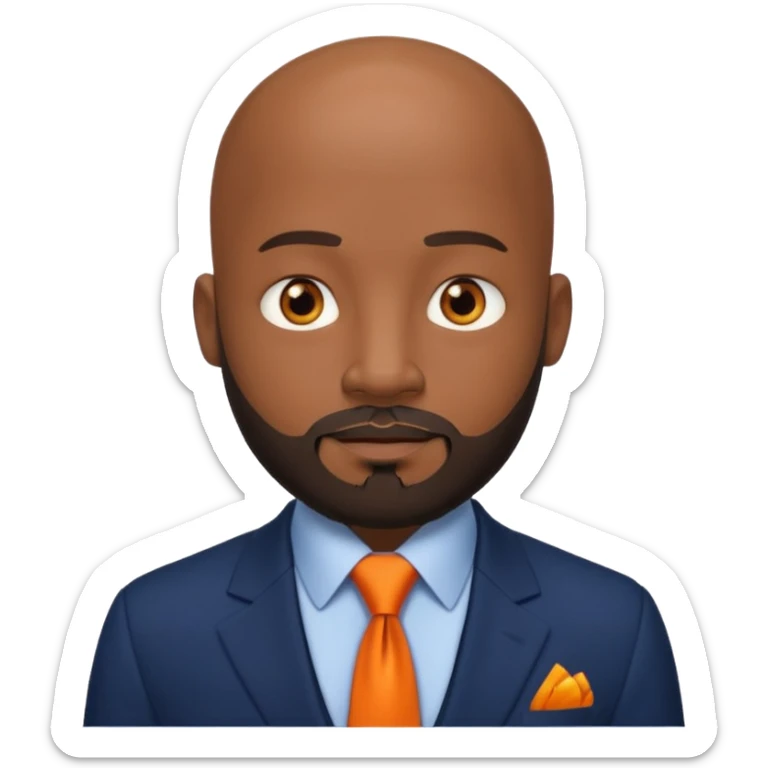 headshot of a sophisticated, stylish, bald head, beedi eyes Caribbean black man with a beard and goatee in a navy blue suit, orange tie sticker