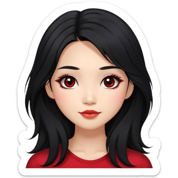 Asian girl with very long shaggy black hair, big dark brown eyes. middle part hair. long lower lashes, cheekbones with red blush. big dimples. simple dark makeup.  sticker