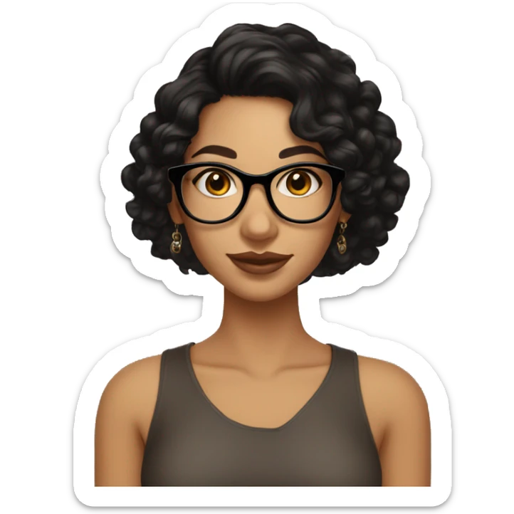 girl, big nose, long curly black hair, earrings, dark brown eyes, tan skin, freckles, glasses, glamour sticker