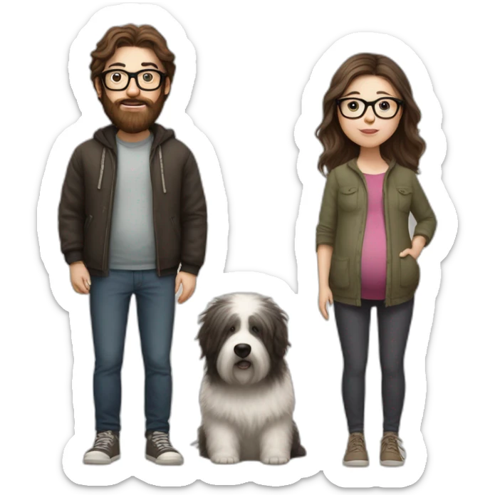 Hyperrealist pregnant girl with half long brown hair with glasses, a boy with long beard, glasses and short hair and english sheepdog sticker