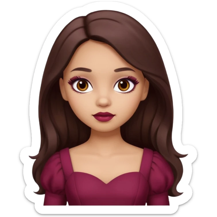 a light skin girl with long brunette hair. with dark brown eyes and slightly slanted. wear a doll like make-up with maroon dress.  sticker
