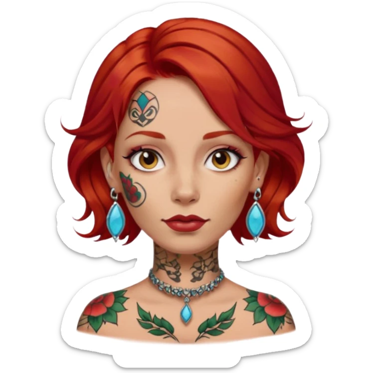 red hair woman with extra  big earring and face tattoed sticker