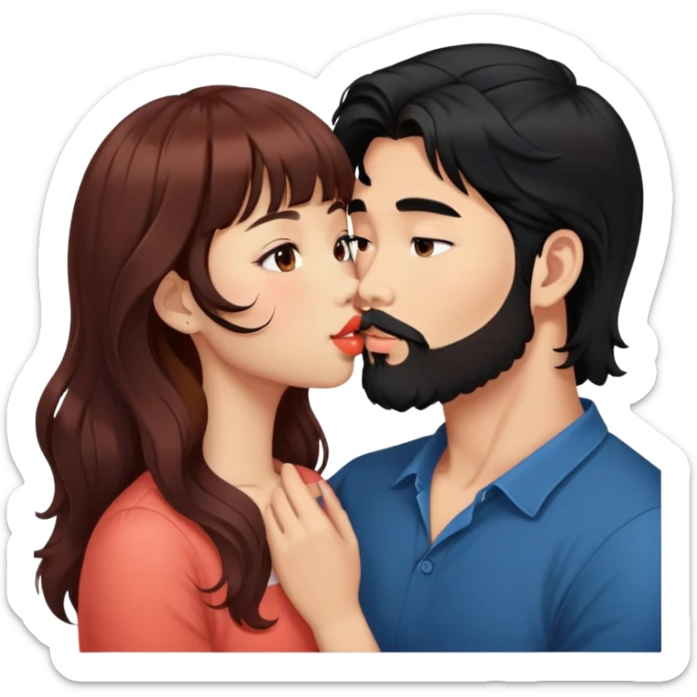 handsome asian man with black hair and beard, kissing cute tan skin woman with long wavy reddish brown hair with bangs and coral lipstick sticker