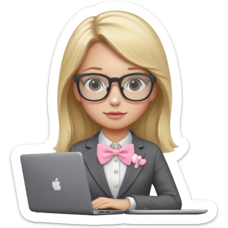 Please take the girl with laptop emoji and make her glassess light brown and her nose a bit smaller and pointier and she has blonde long hair and a dark grey suit and pearls, and has a laptop in fron of her and a tiny pink bow in her hair sticker
