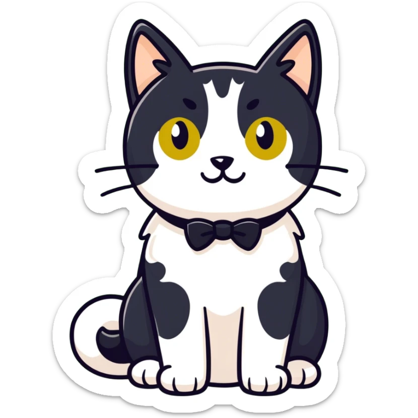 Female Tuxedo domestic short hair, more white than black similar to a cow, green/gold eyes sticker